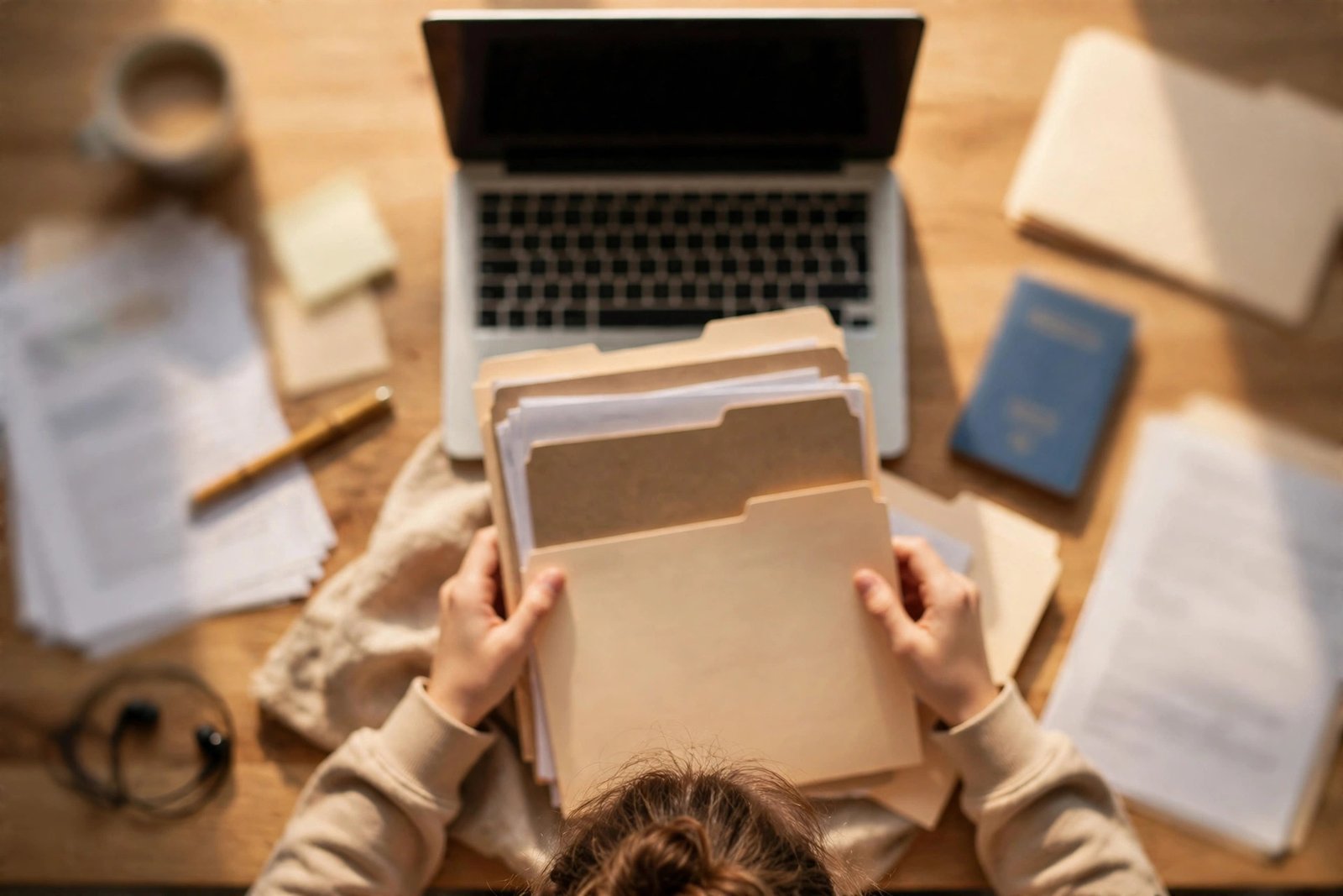 Student organising scholarship application documents, passport and folders for the required documents checklist