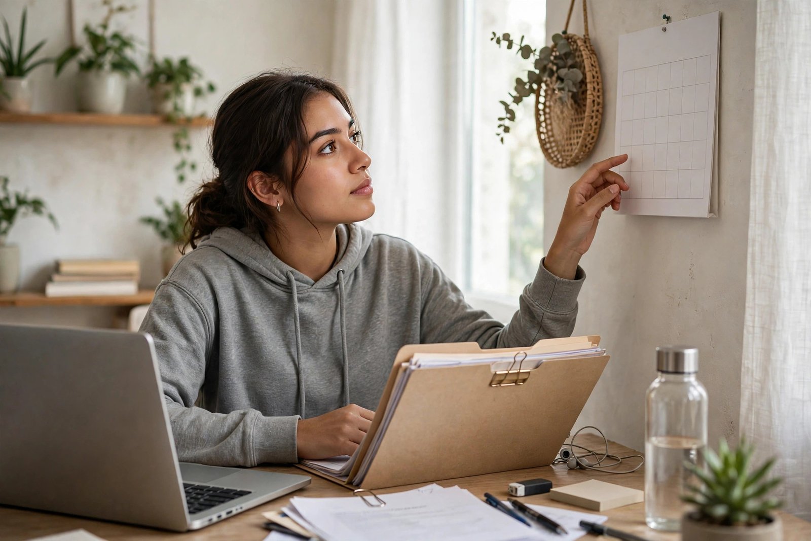 Student organising government scholarship documents and deadlines at a study desk