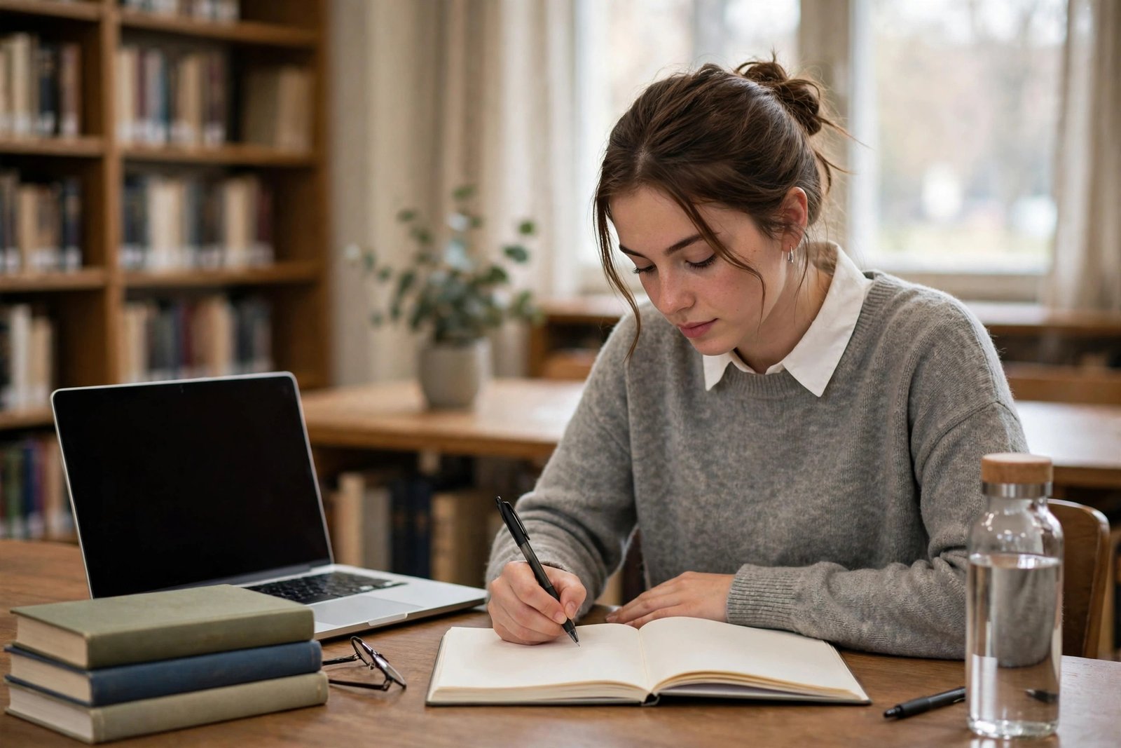Graduate student writing a CSC study plan by hand in a university library