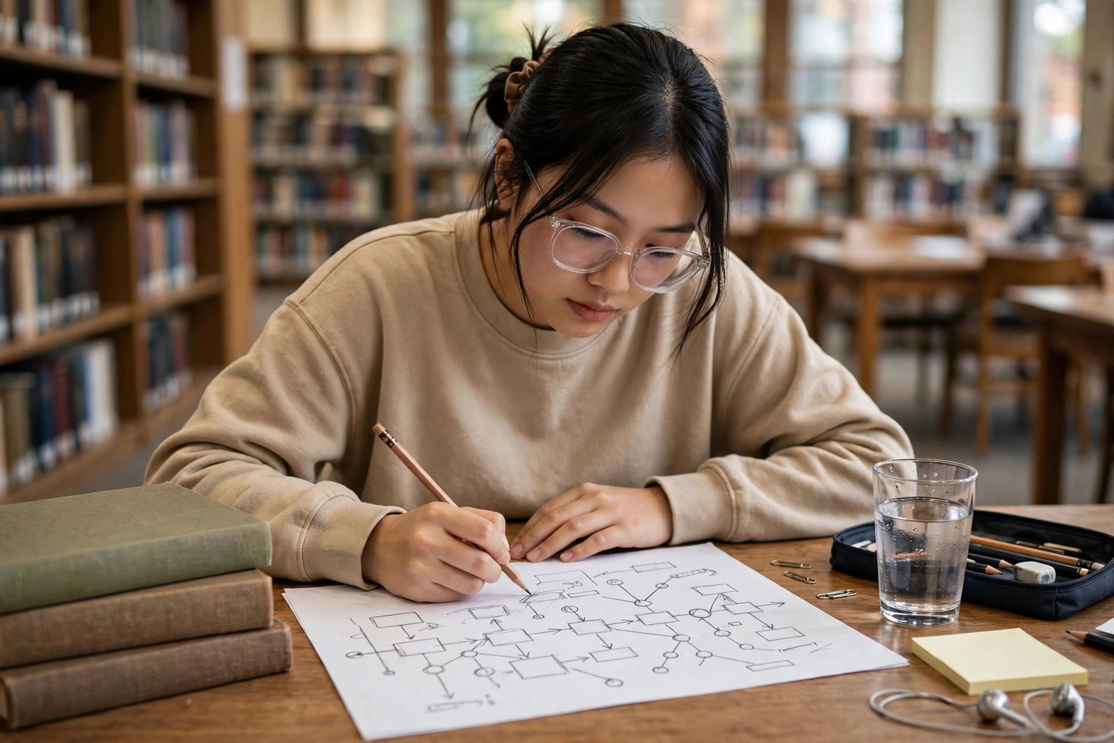 Student outlining a scholarship study plan with books and notes in a library