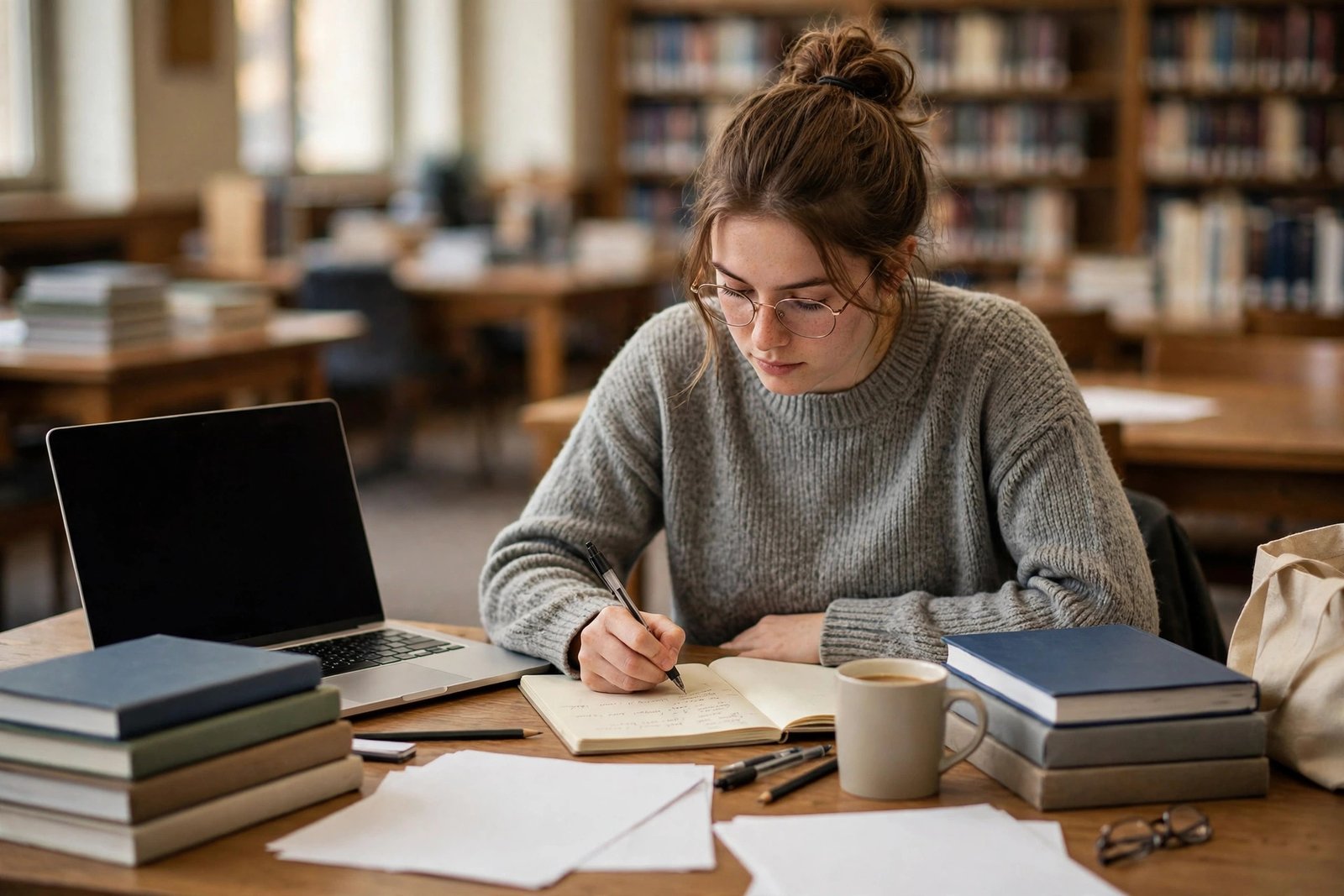 PhD candidate drafting a research proposal among academic journals in a library