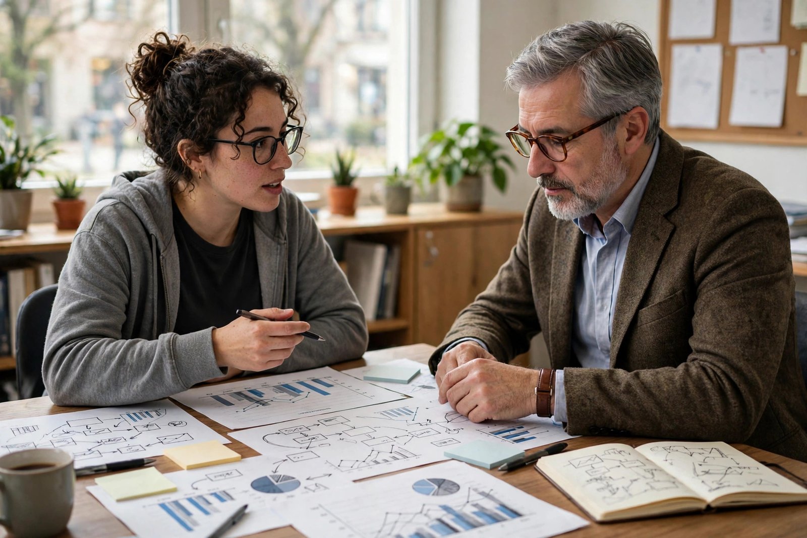Doctoral researcher discussing a research proposal outline with a professor