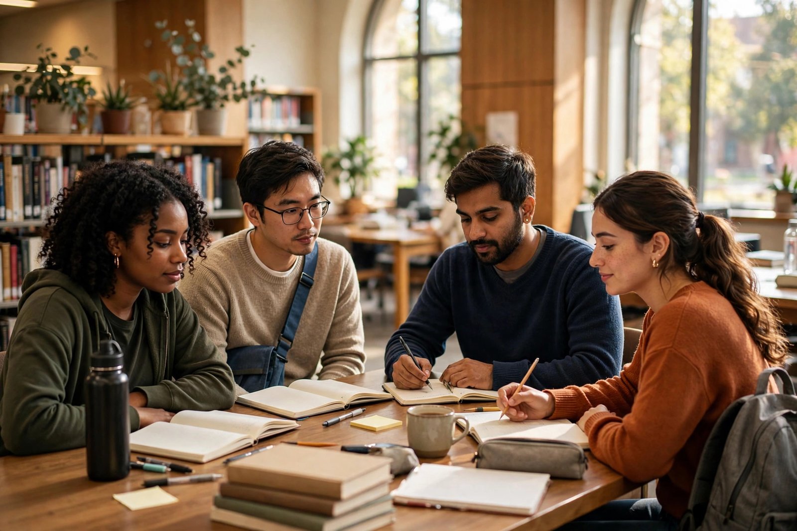 Students studying together in a university library while preparing scholarship applications