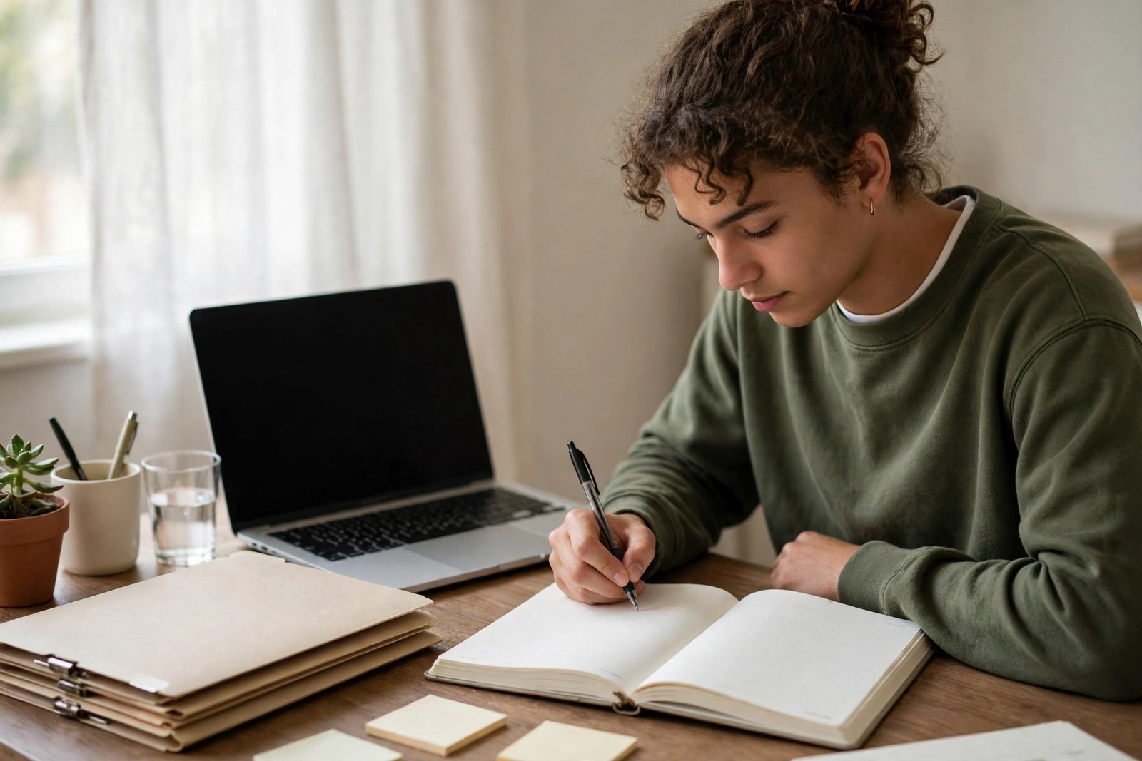 Student writing a scholarship application plan in a notebook beside a laptop