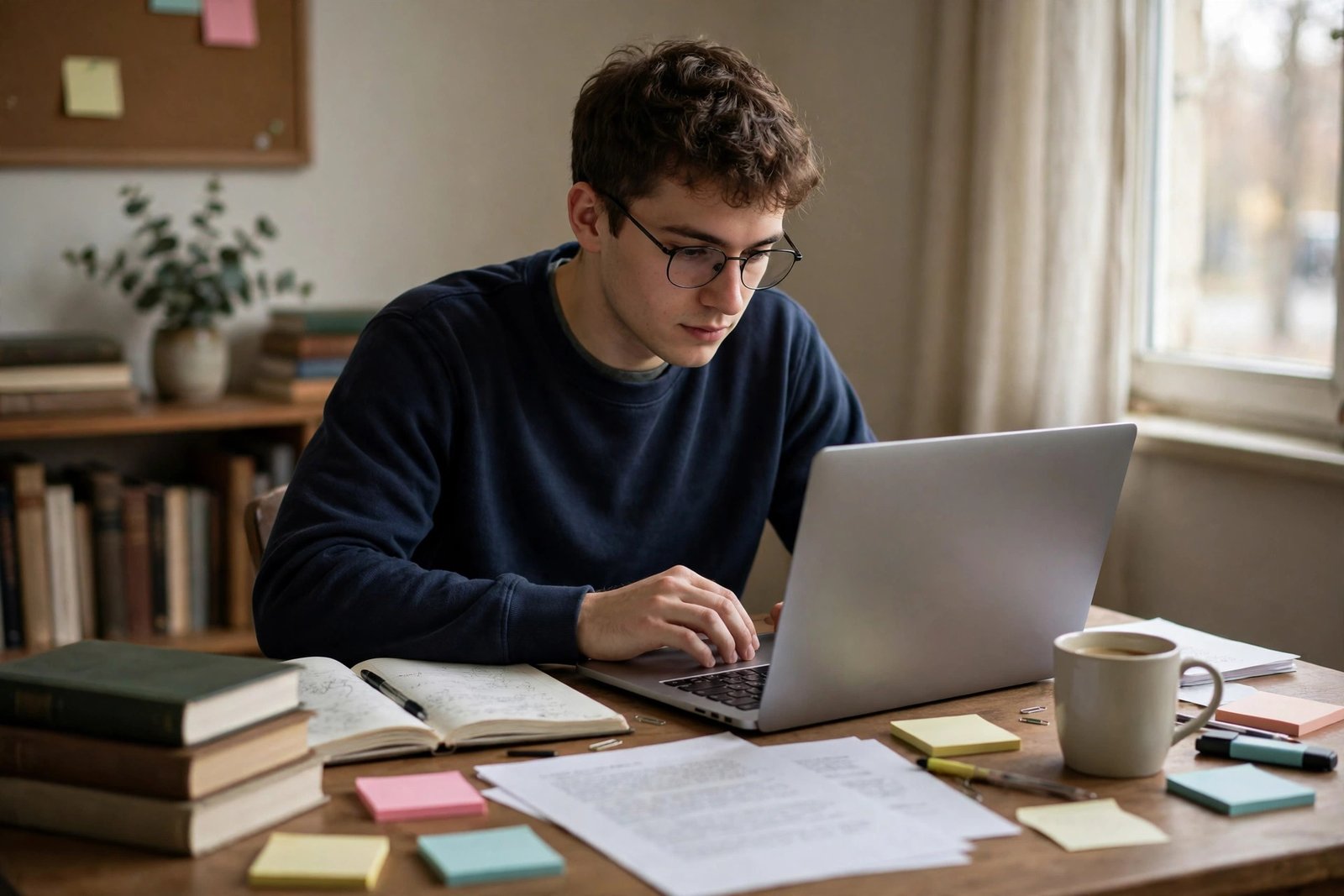 Student carefully revising a scholarship essay draft on a laptop in a study room