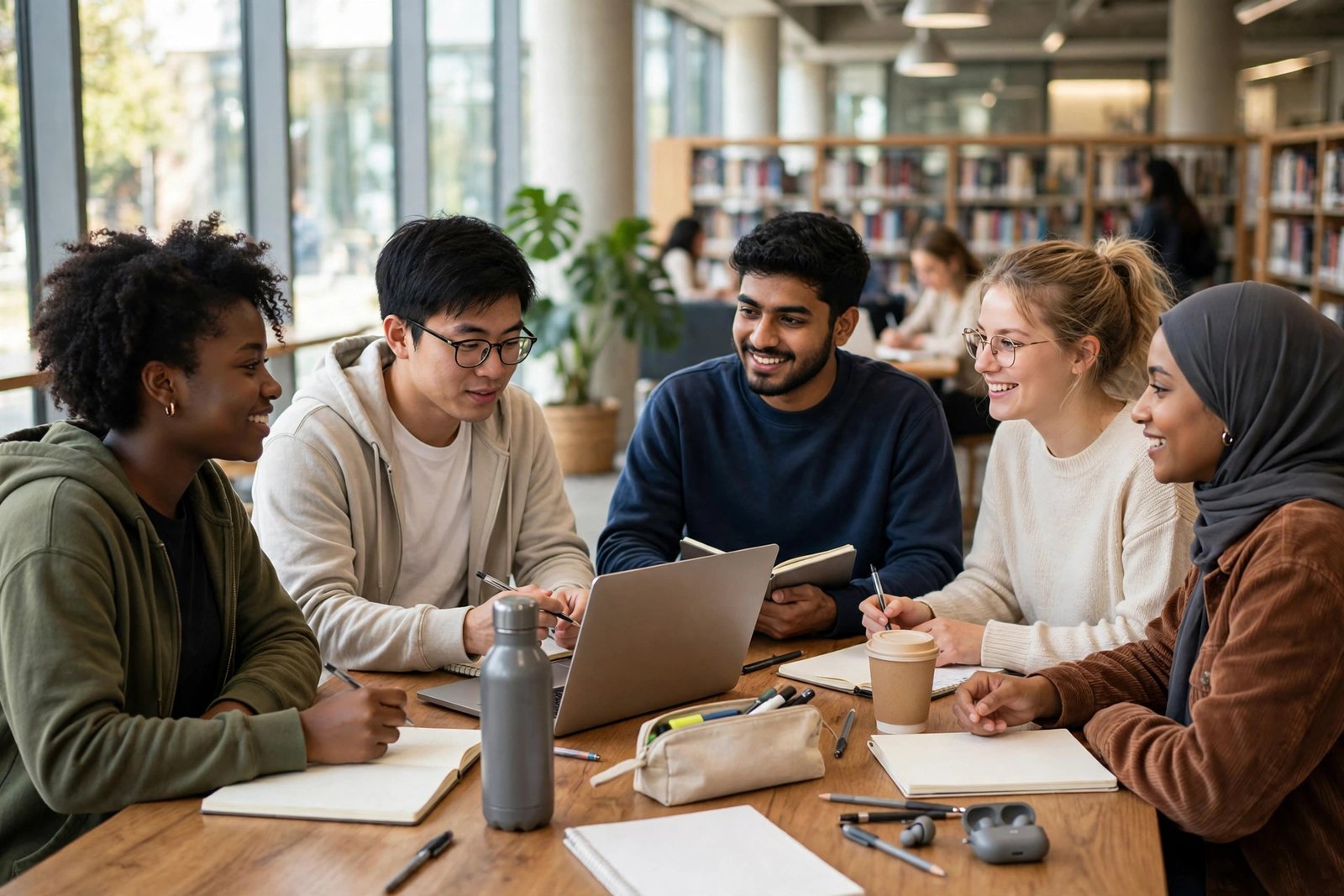 University students comparing scholarship, fellowship and grant options in a library