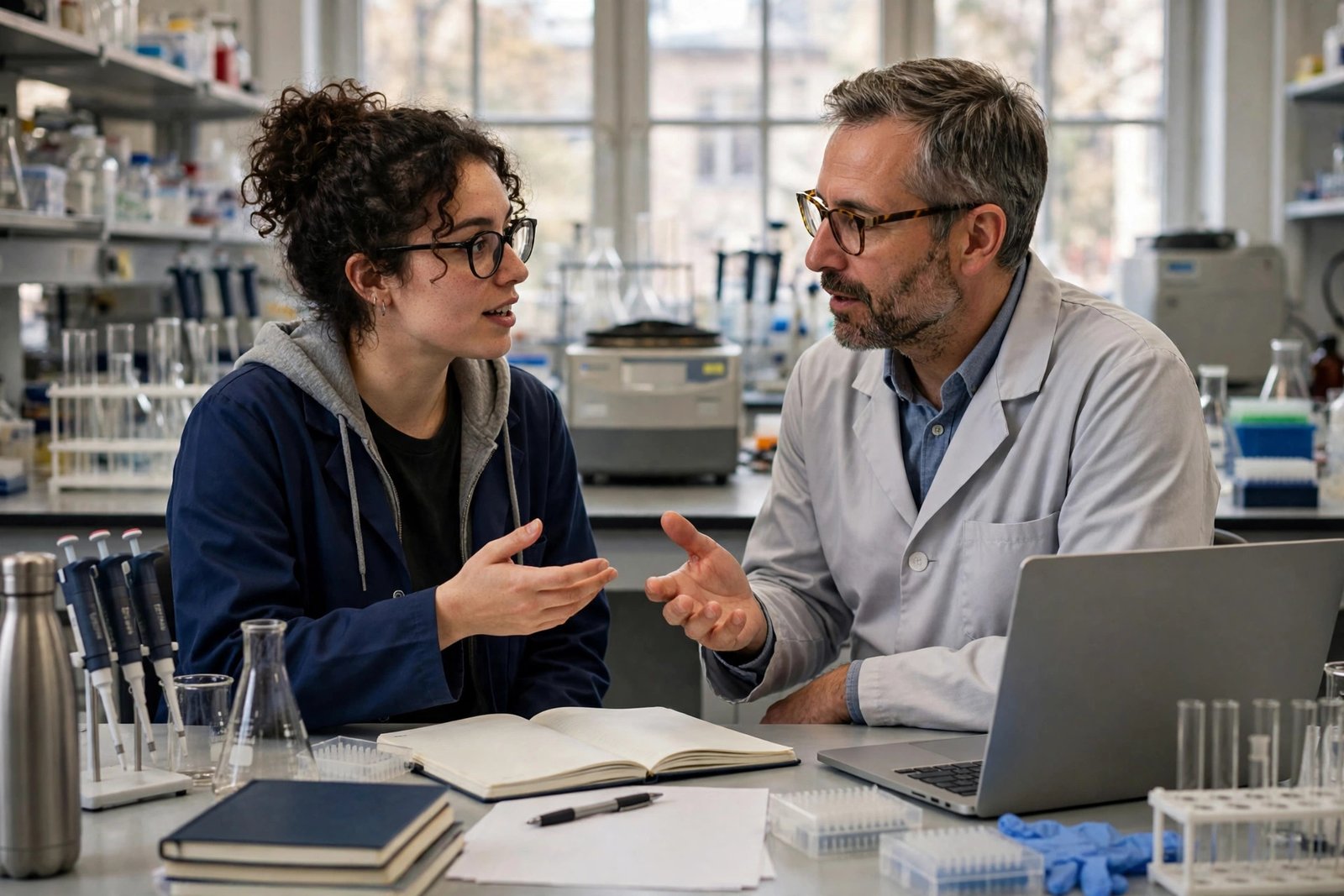 Graduate researcher discussing fellowship-funded research with a supervisor