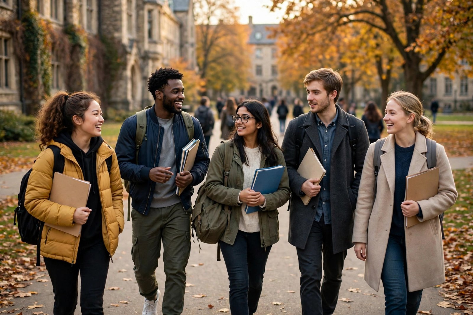 International students on a university campus after applying for scholarships independently