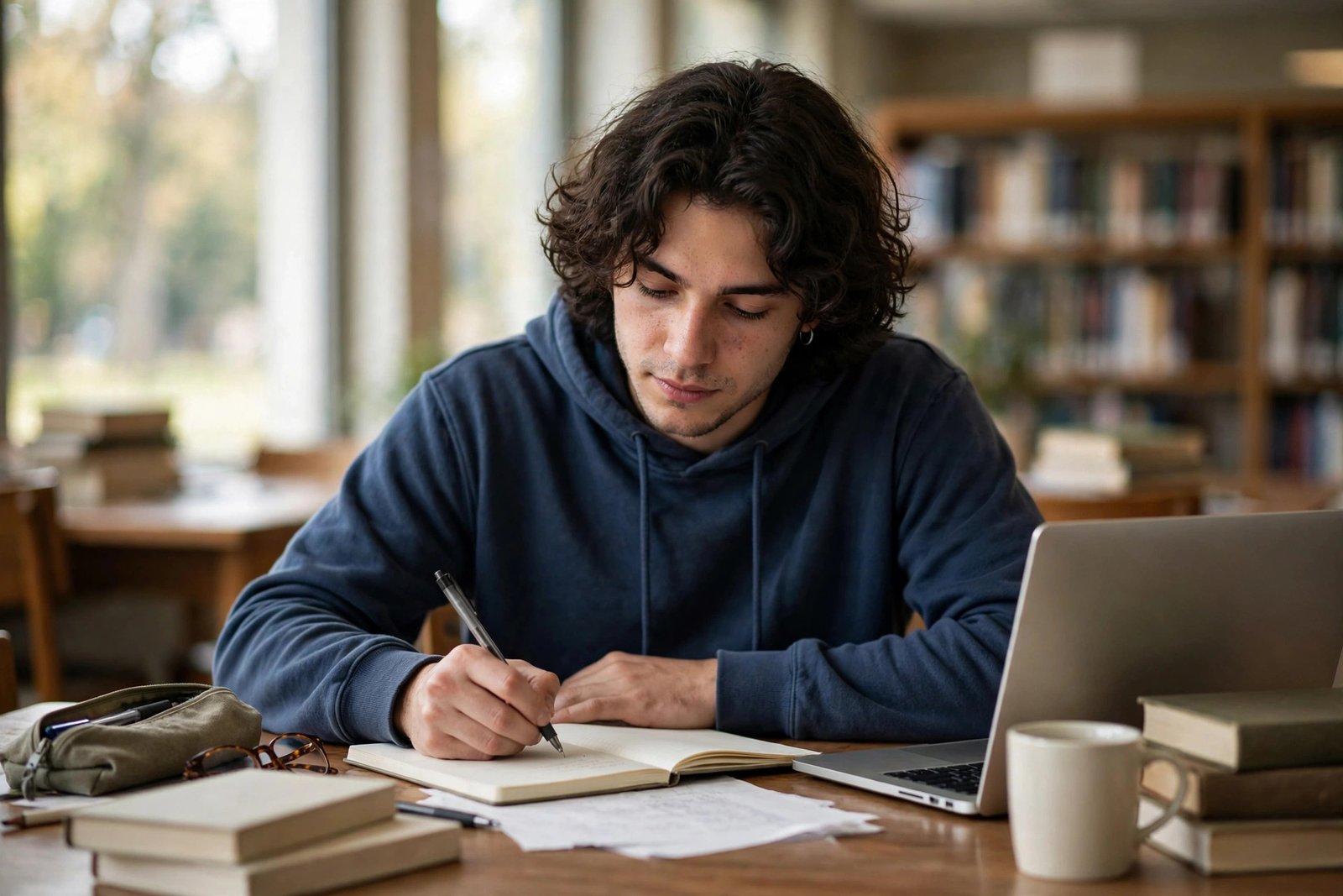 Student writing a personal statement for a scholarship application in a library
