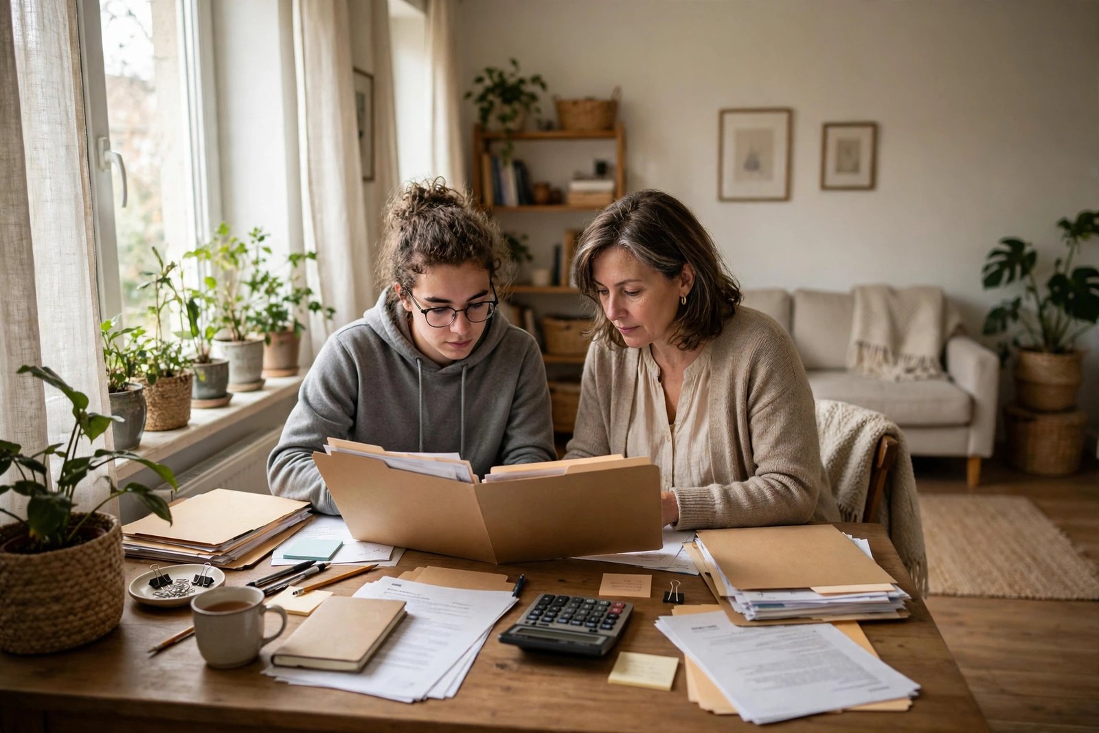 Family organising bank statements and financial documents as proof of funds for a scholarship application