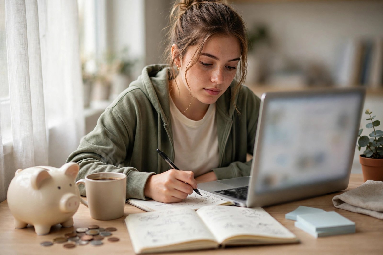 Student budgeting on a laptop while preparing proof of funds and financial documents