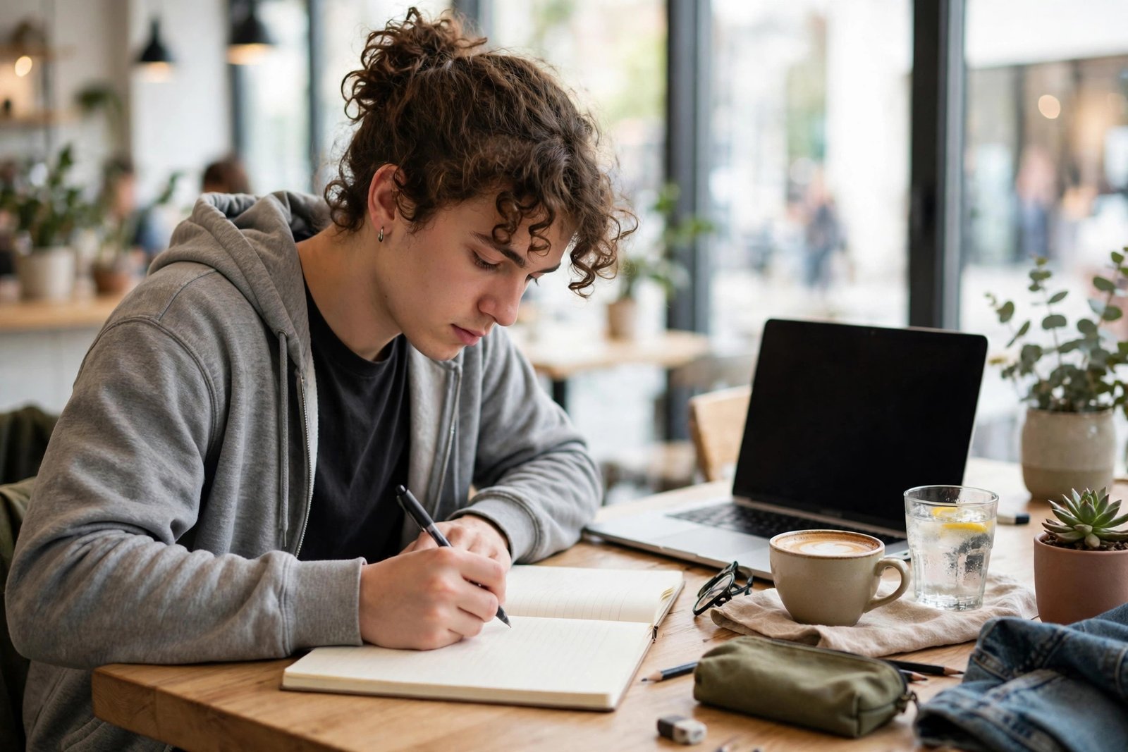 Student drafting a scholarship essay by hand, working through essay topics and prompts