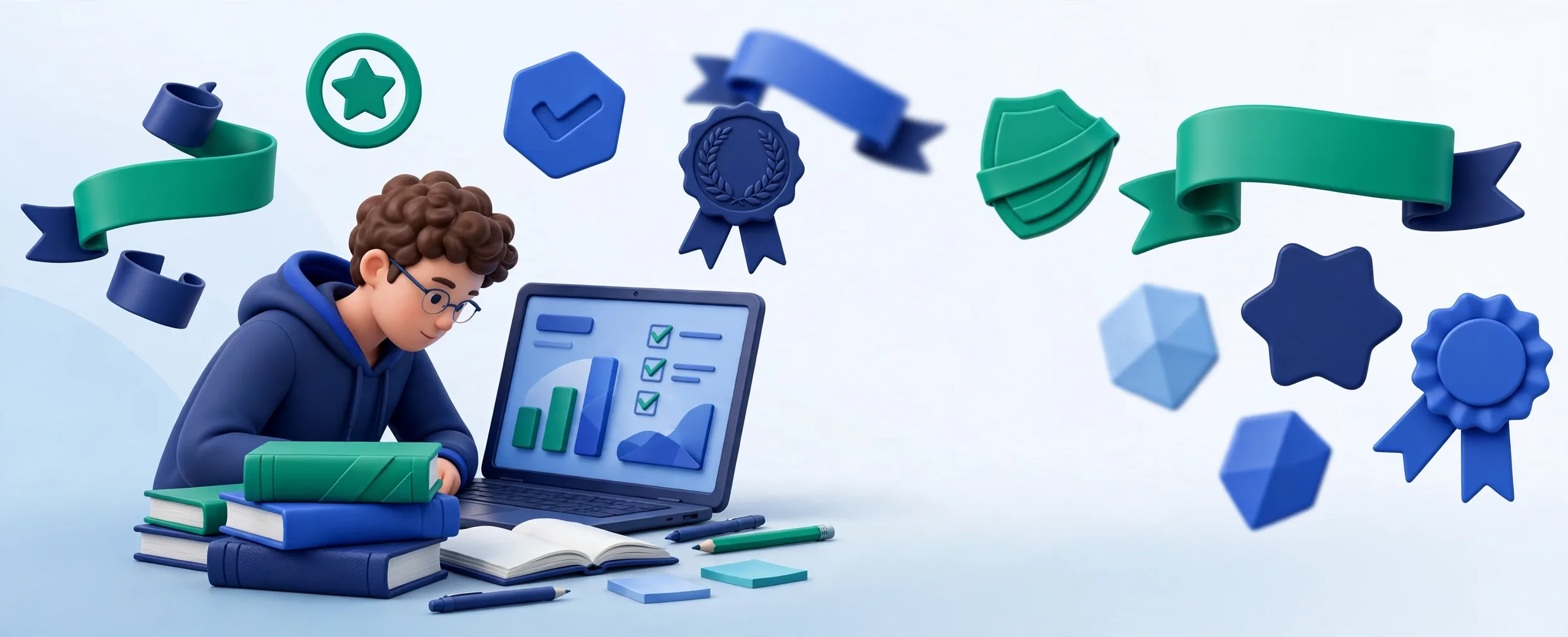 Illustration of study materials, a checklist and a graduation cap for exam preparation