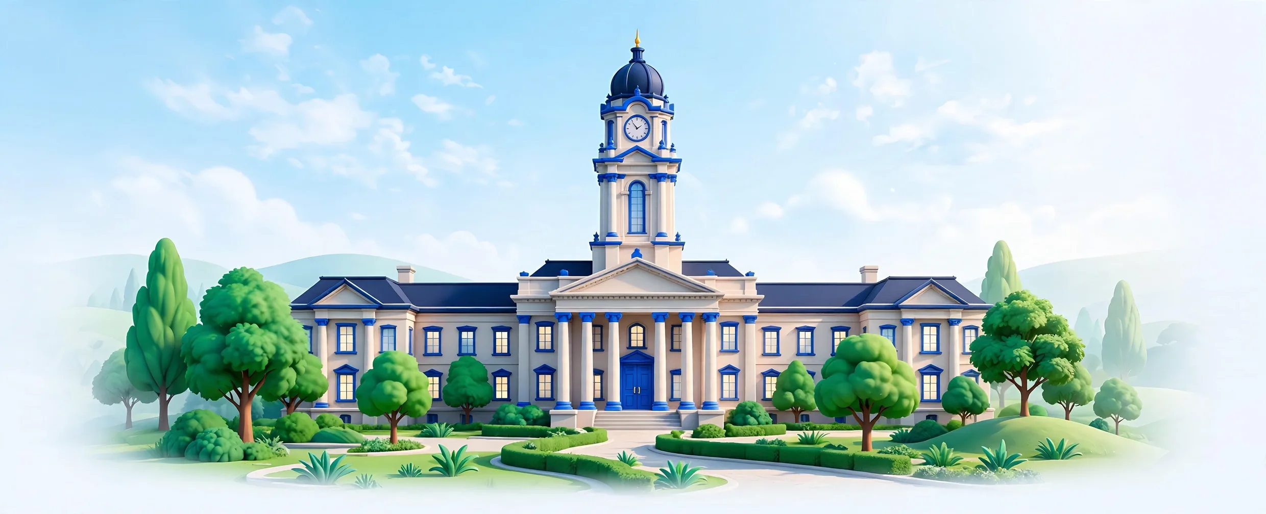 Illustration of world-famous university buildings with a graduation cap